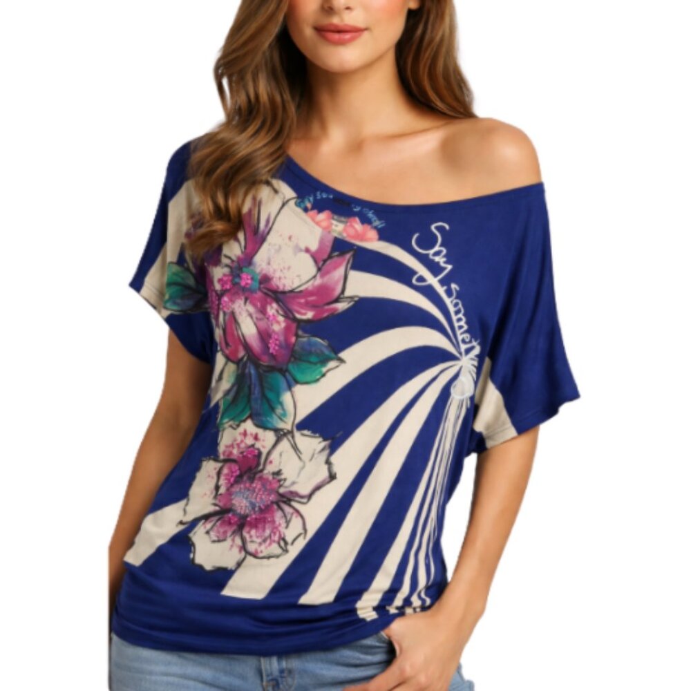 Desigual Floral Sequin Top Tunic Blue Sz L Boho Graphic Draped Fit